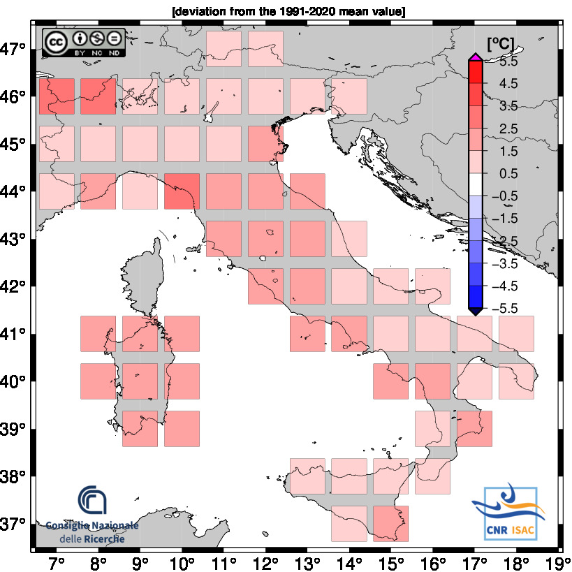 Deviazione dalla media per le temperature nell'ultimo mese