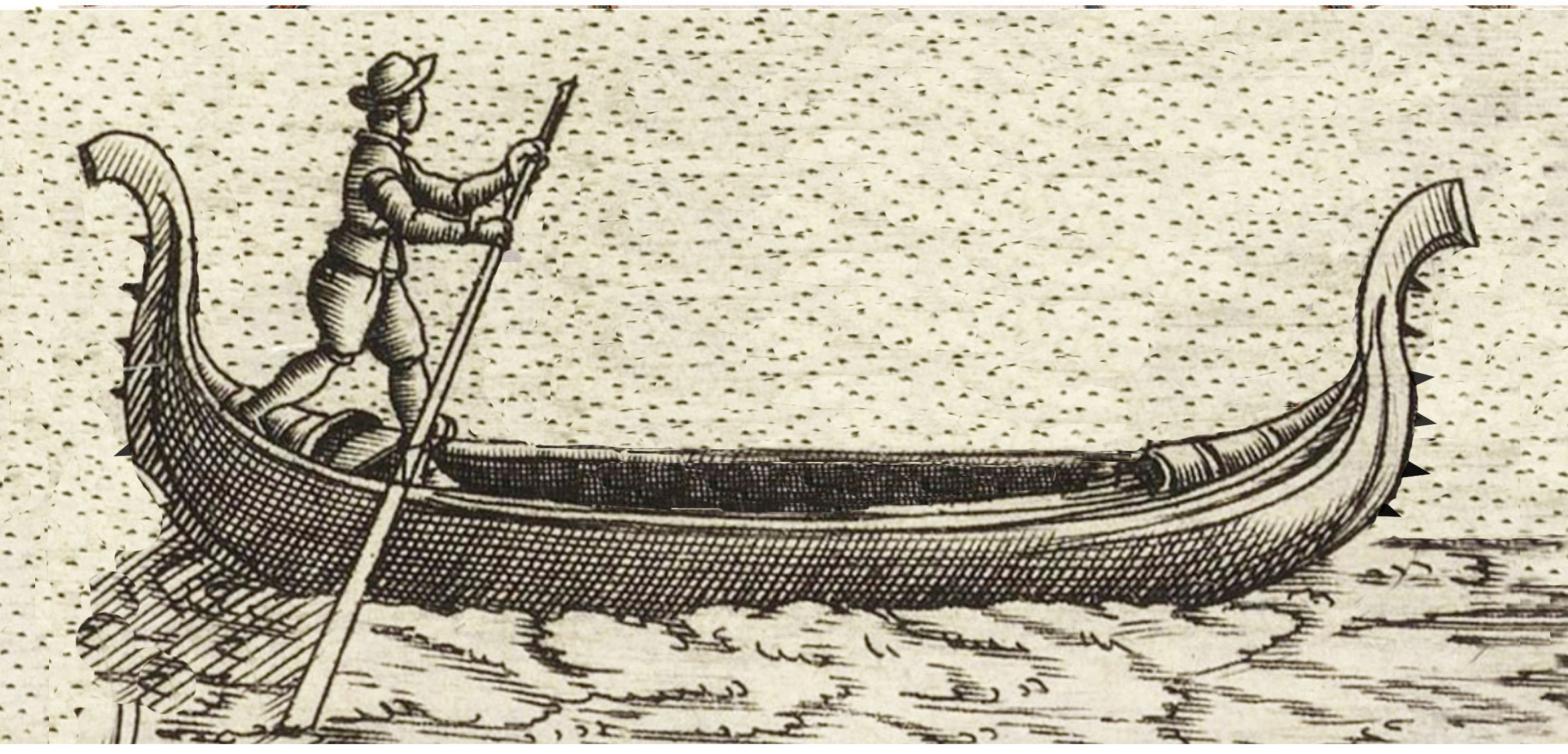 A gondola of the assault type (inspired by Norman-Viking pirate ships) built from 1509 until the end of the 17th century. (from illustrations by Jacopo Franco (1610) in the Biblioteca Nazionale Marciana, Venice)
