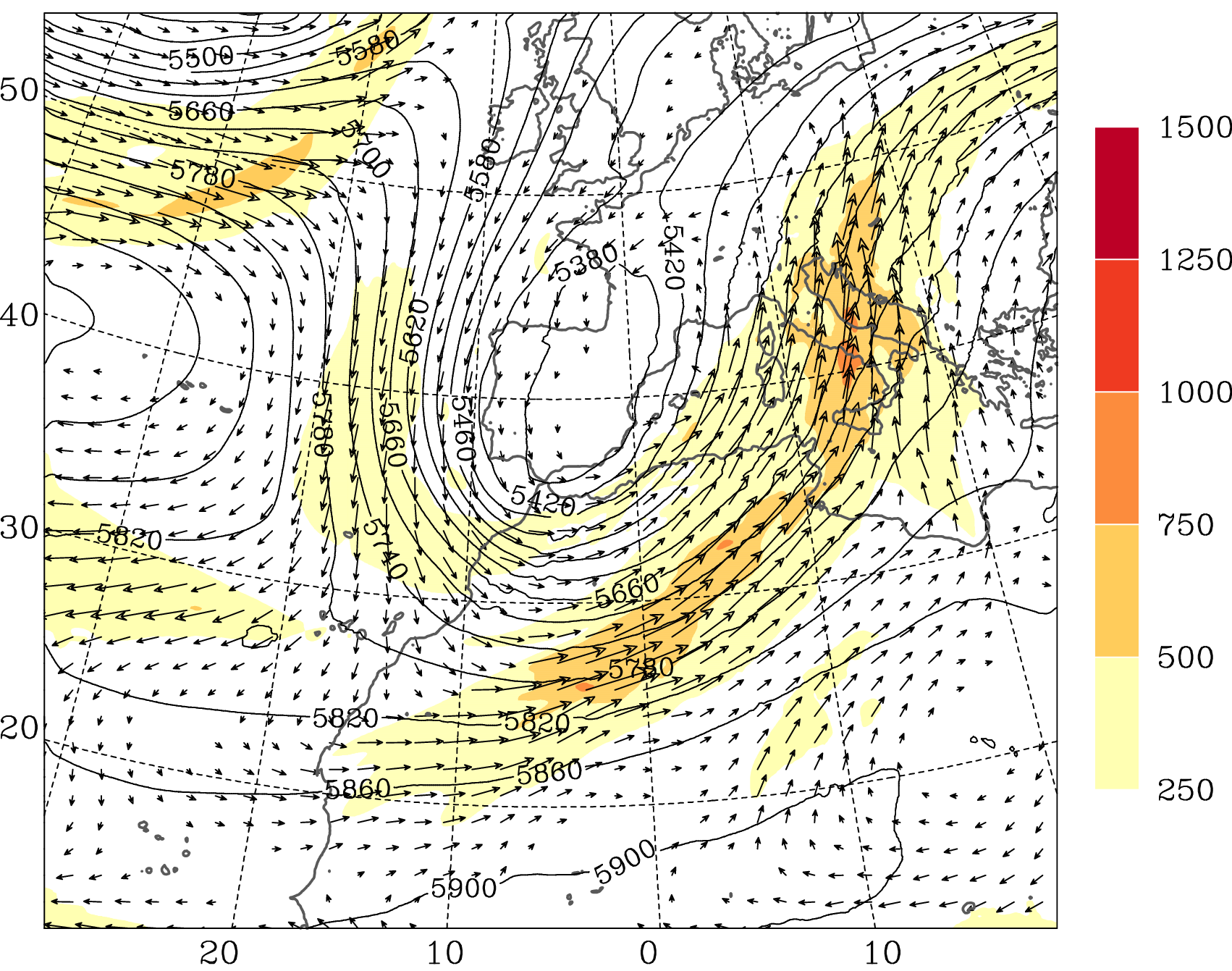 Trasporto di vapore acqueo integrato verticalmente (kg m−1 s−1) e altezza geopotenziale a 500 hPa