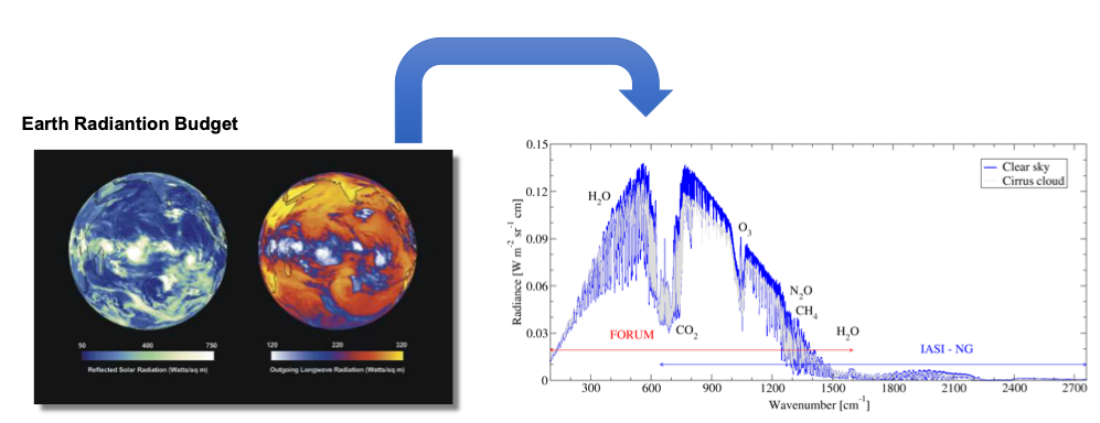 Spettro della radiazione emessa alle onde lunghe al top dell'atmosfera in condizioni di cielo chiaro (blu) ed in presenza di cirri (grigio) relativamente ad uno scenario alle medie latitudini. In figura sono mostrati anche gli intervalli spettrali coperti da FORUM e IASI-NG.