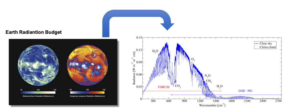 Spettro della radiazione emessa alle onde lunghe al top dell'atmosfera in condizioni di cielo chiaro (blu) ed in presenza di cirri (grigio) relativamente ad uno scenario alle medie latitudini. In figura sono mostrati anche gli intervalli spettrali coperti da FORUM e IASI-NG.