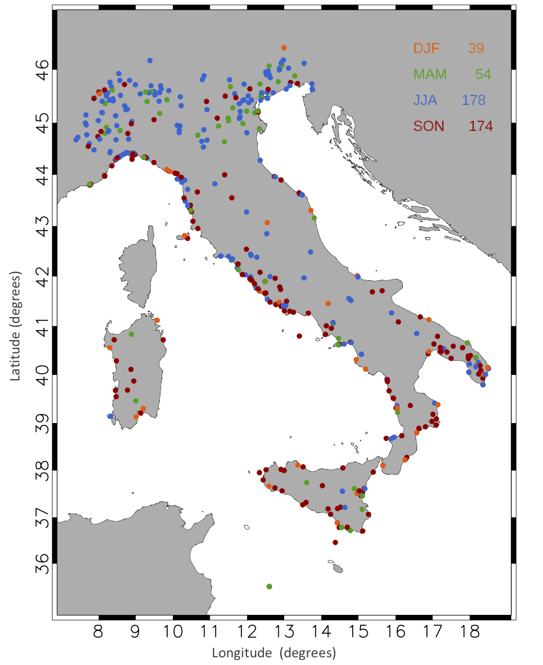 Localizzazione dei 445 tornado