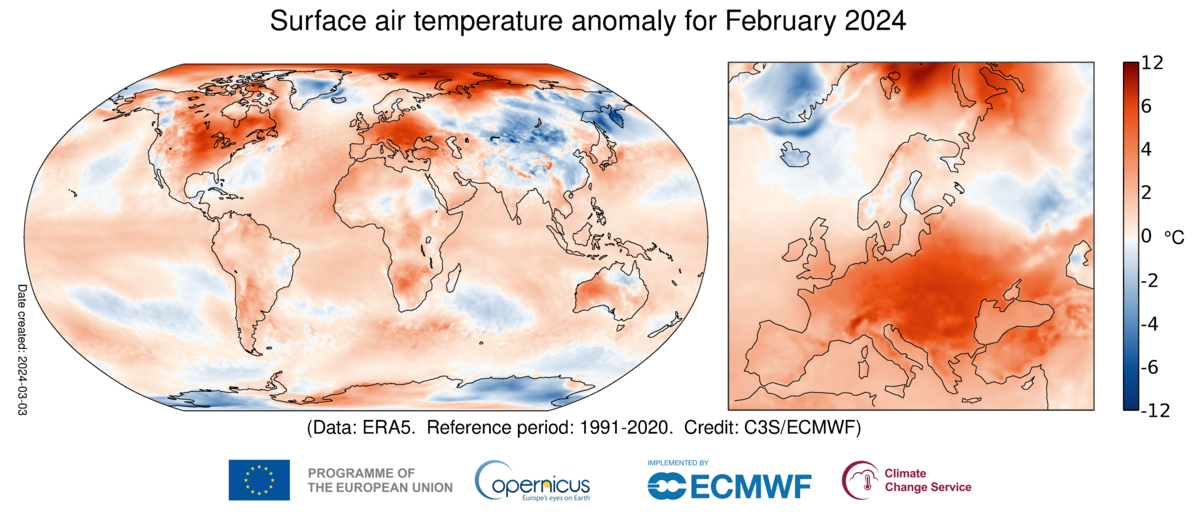 Surface air temperature anomaly for February 2024