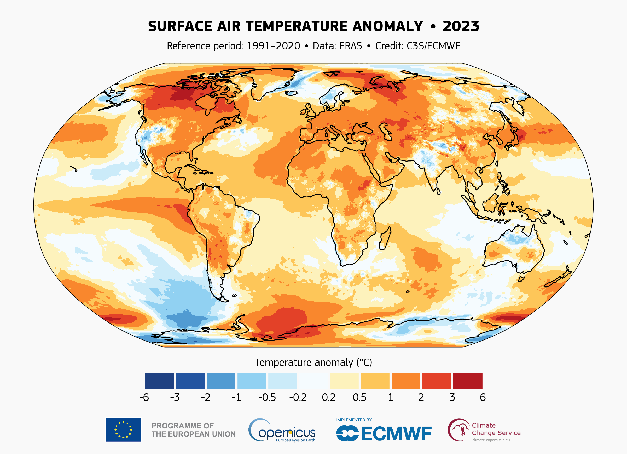 Surface air temperature anomaly for 2023 relative to the average for the 1991-2020 reference period. Data source: ERA5. Credit: C3S/ECMWF. 