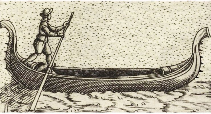 A gondola of the assault type (inspired by Norman-Viking pirate ships) built from 1509 until the end of the 17th century. (from illustrations by Jacopo Franco (1610) in the Biblioteca Nazionale Marciana, Venice)