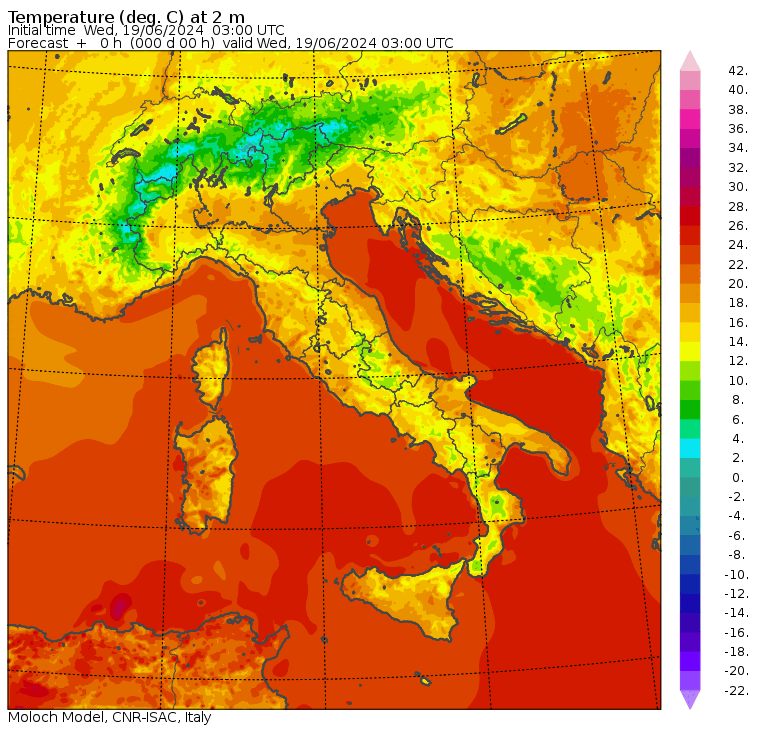 Previsioni modello MOLOCH della temperatura a 2 m dal 19 al 21 giugno 2024.